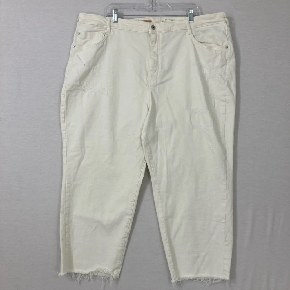 Anthropologie White Straight‎ Leg Distressed Frayed Hem Crop Jeans size 24W